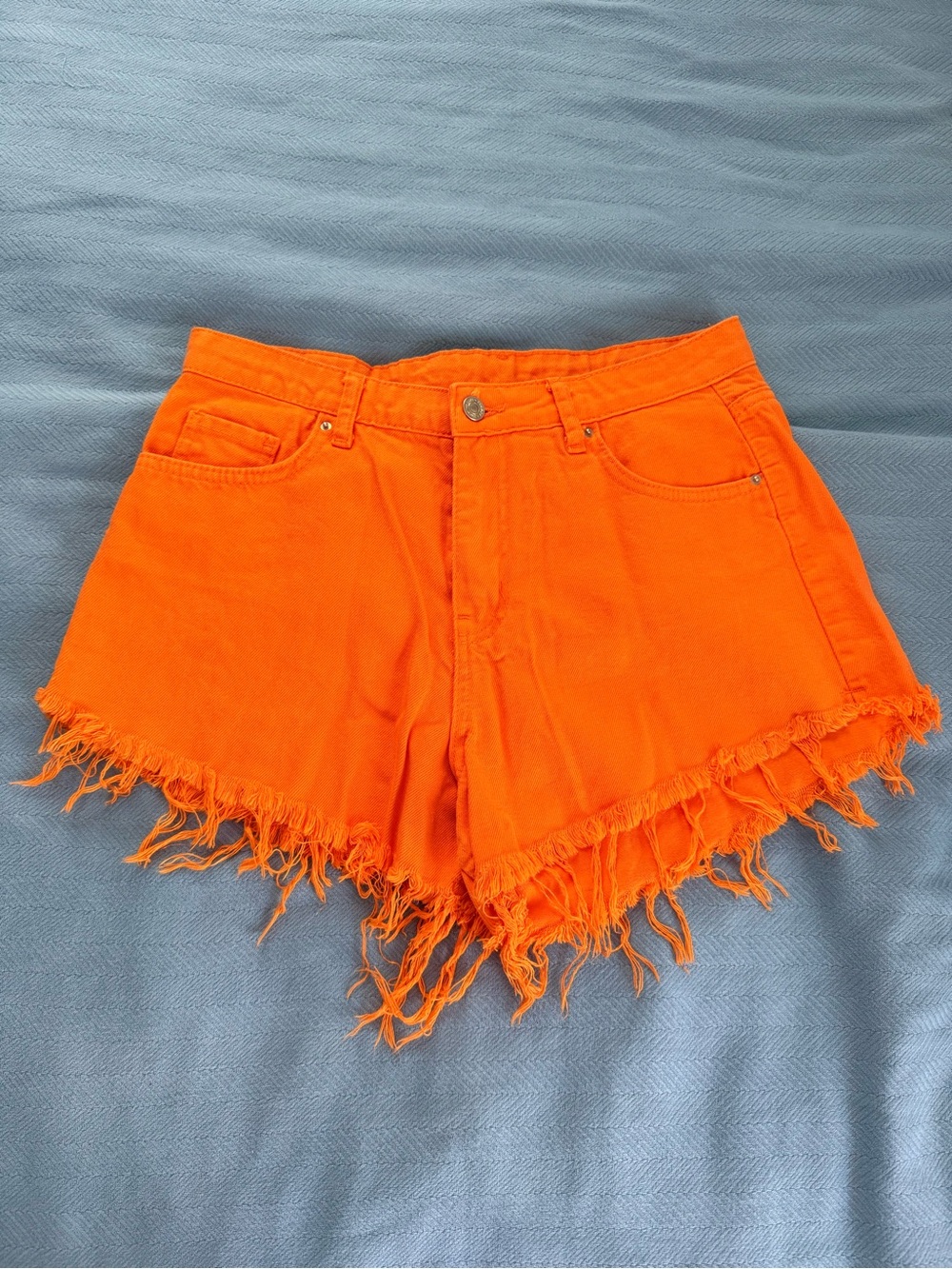 High-Rise Orange Frayed Hem Denim Shorts - Women